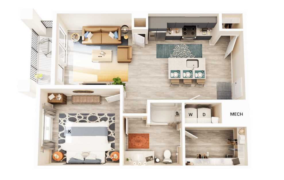 A1 Balcony - 1 bedroom floorplan layout with 1 bath and 811 square feet.