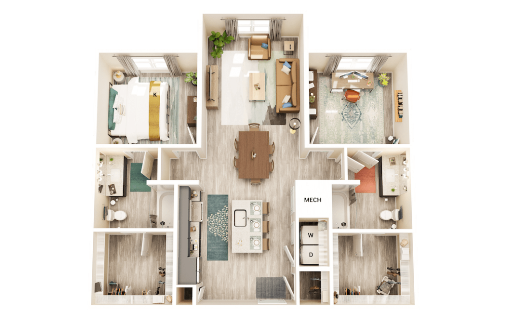 B1 - 2 bedroom floorplan layout with 2 baths and 1184 square feet. (Home Office Layout)