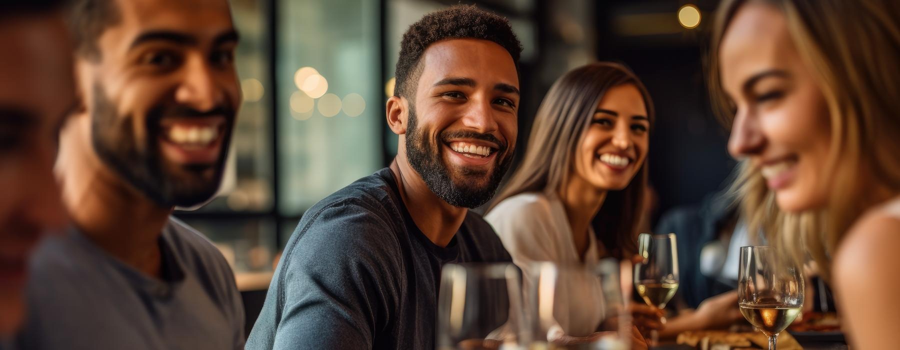 a group of people sitting at a table with food and drinks